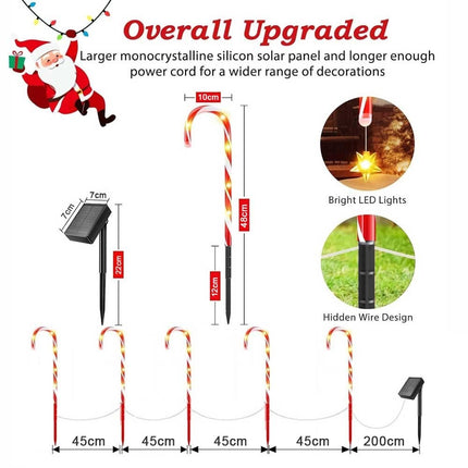 5Pcs Solar Candy Cane lights Outdoor Waterproof Garden Holiday Christmas Decor