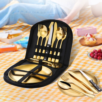 10 Pcs SS Travel Cutlery Set Camping Tableware Fork Spoons Tong Plates