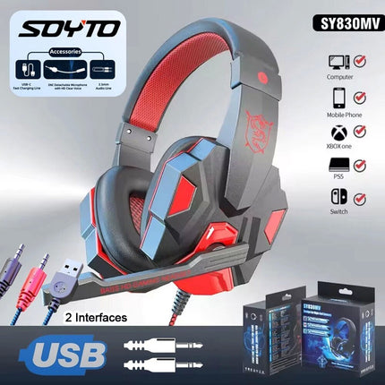 Red Noise Cancelling USB 3.5mm Wired Gaming Headphones Bass HiFi Over Ear Earphone
