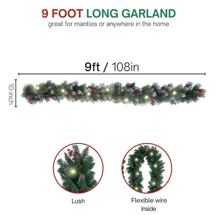 9ft Pre-lit Garland Christmas Decoration Artificial Greenery Pine Flower Flocked
