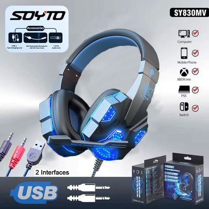 Blue Noise Cancelling USB 3.5mm Wired Gaming Headphones Bass HiFi Over Ear Earphone