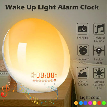 LED Sunrise Wake-up Light Alarm Clock FM Radio Bedside Sounds Night Lamp 7 Color