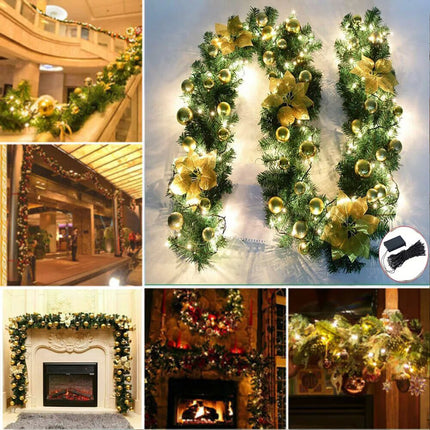 Christmas Garland Artificial Wreath with LED Lights Stairs Home RattanF