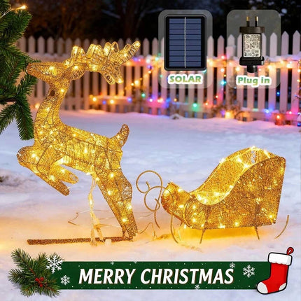 Christmas Lighted Reindeer & Sleigh Solar Powered LED Lights Xmas Decoration