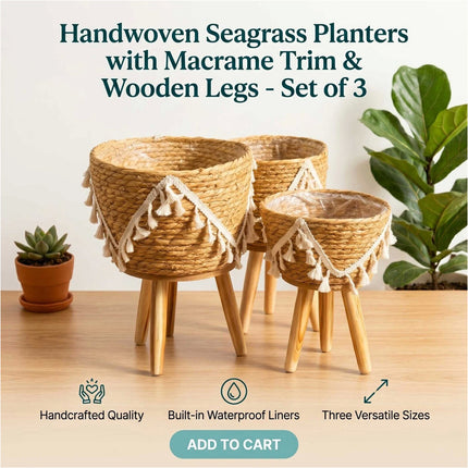 3Pcs Natural Seagrass Planter Pots with Legs Macrame Trim Boho Home Garden Decor