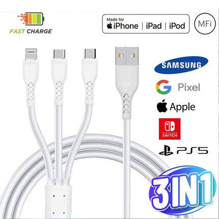 3in1 Fast Charging Cable USB C Type c Micro-usb for iPhone Samsung Apple Charger