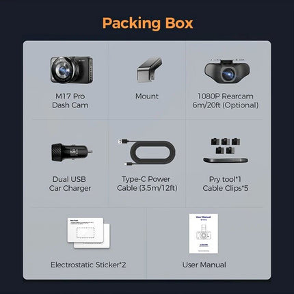 AZDOME M17 Pro Dash Cam Voice Activated Front Rear Wifi 64GB Card Loop Recording