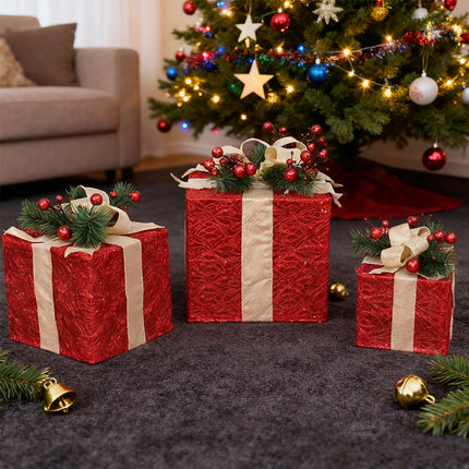 Red 3-Pack Lighted Gift Boxes Pre-Lit Xmas Present Boxes  Xmas Decor