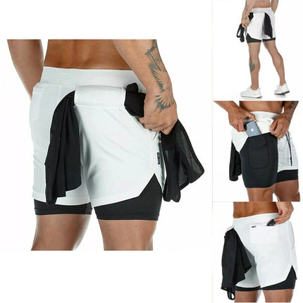 Men Running Shorts 2 in 1 Sports Jogging GYM Fitness Training Quick Dry Breathab White