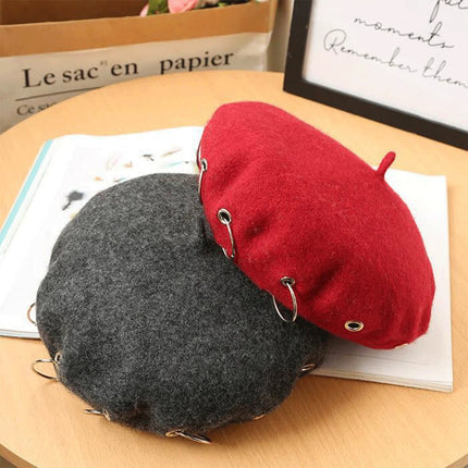Dark Grey Unisex Beanie Lady Wool French Beret Hat Cap Winter Warm Iron Ring Design Rock