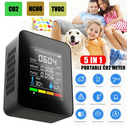Black Portable CO2 Meter Home TVOC Air Quality Detector Temperature Humidity Monitor