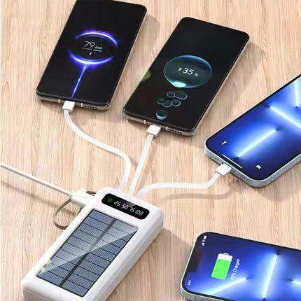 White 10000mAh Solar Power Bank Portable Charger Built-in Cables LED Display Universal