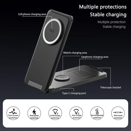 Black Foldable Wireless Charger Dock Charging Station For Apple Watch iPhone 16 15