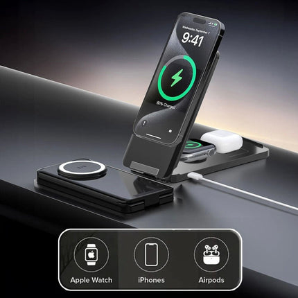 Black Foldable Wireless Charger Dock Charging Station For Apple Watch iPhone 16 15