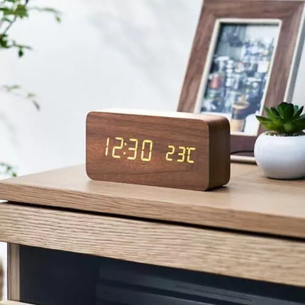 Wooden LED Digital Alarm Clock Temperature Bedside Table Time Display Room Decor