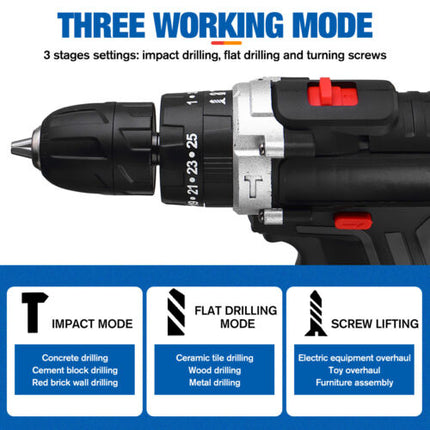 48V Cordless Drill 2 Battery Heavy Duty Impact Driver Brushless Hammer Kit Tool