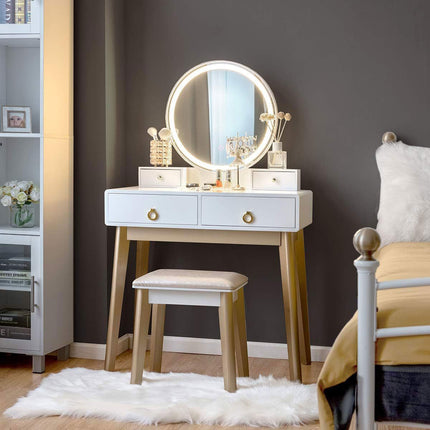 Makeup Counter Adjustable Mirror Vanity Dressing Table with Drawer - Makeup Vanity & Mirror & Nest Stool 31"L x 16"W x 52"H Wood White