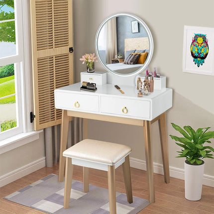 Makeup Counter Adjustable Mirror Vanity Dressing Table with Drawer - Makeup Vanity & Mirror & Nest Stool 31"L x 16"W x 52"H Wood White