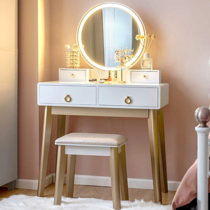 Makeup Counter Adjustable Mirror Vanity Dressing Table with Drawer - Makeup Vanity & Mirror & Nest Stool 31"L x 16"W x 52"H Wood White