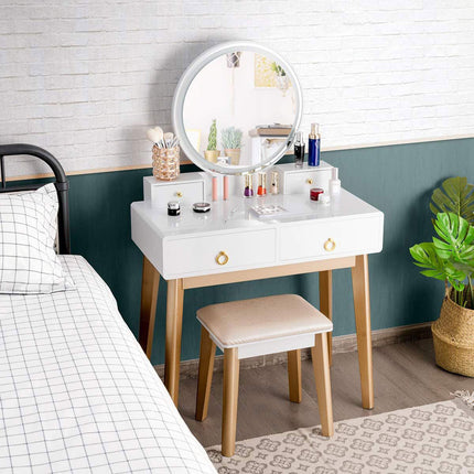 Makeup Counter Adjustable Mirror Vanity Dressing Table with Drawer - Makeup Vanity & Mirror & Nest Stool 31"L x 16"W x 52"H Wood White