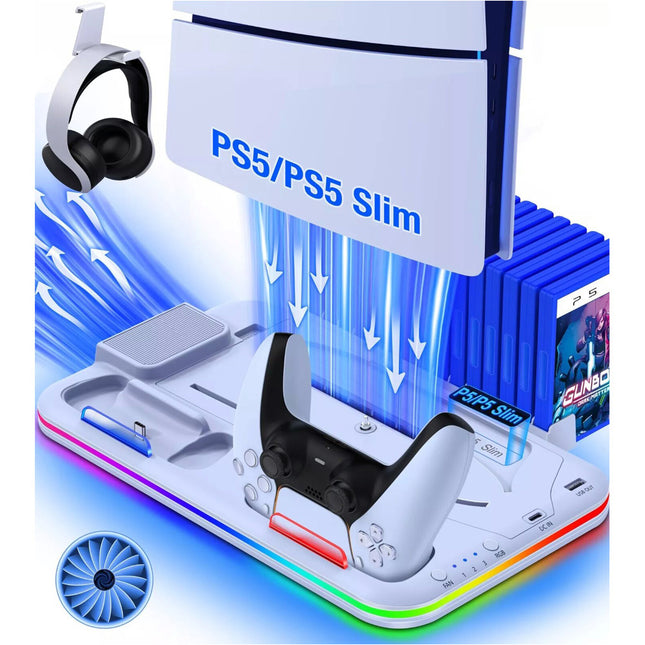 White PS5 Slim Controller Charger Stand Cooling Fan for PS5 Disc&Digital Editions - Image 1