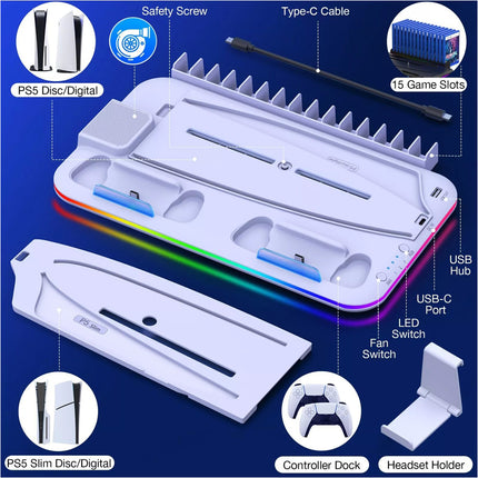 White PS5 Slim Controller Charger Stand Cooling Fan for PS5 Disc&Digital Editions - Image 6