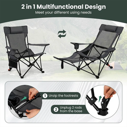 2 in 1 Folding Camping Lounge Chair with Detachable Footrest for Fishing Picnics