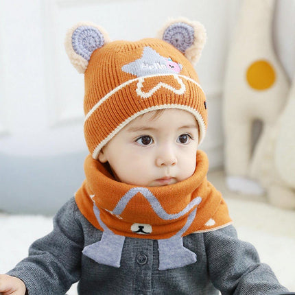 2 Pcs Orange Winter Warm Beanie Hats Bib Set Knitted Boys Girls Scarves - Image 1