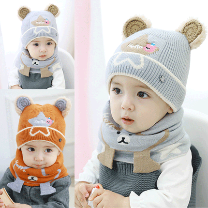 2 Pcs Orange Winter Warm Beanie Hats Bib Set Knitted Boys Girls Scarves - Image 2