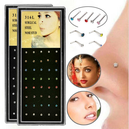 40pcs L Shape Nose Stud With 1.8mm Diameter Crystal - Image 2