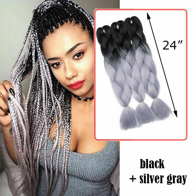 62cm Synthetic Gradient Coloured Braiding Hair Extensions - Black&Silver Grey Splendid&Co.