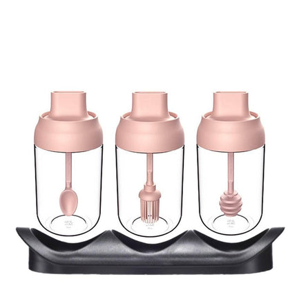 Kitchen Condiment Oil Honey Sugar Glass Bottle Pink Set - Image 1
