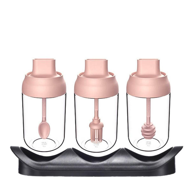 Kitchen Condiment Oil Honey Sugar Glass Bottle Pink Set - Image 1