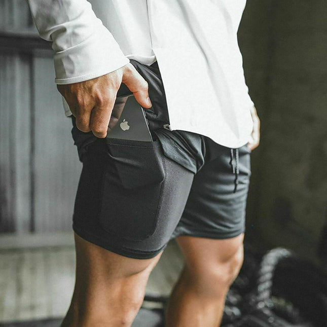 Mens Workout 2 in 1 Shorts 7" Running Jogging Phone Pocket - Image 1