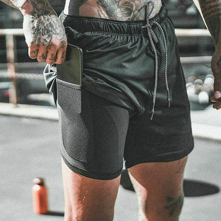 Mens Workout 2 in 1 Shorts 7" Running Jogging Phone Pocket - Image 4